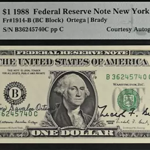 1988 $1 Federal Reserve Note - PMG 63EPQ - Dual Autograph - Ortega / Brady - Picture 1 of 3
