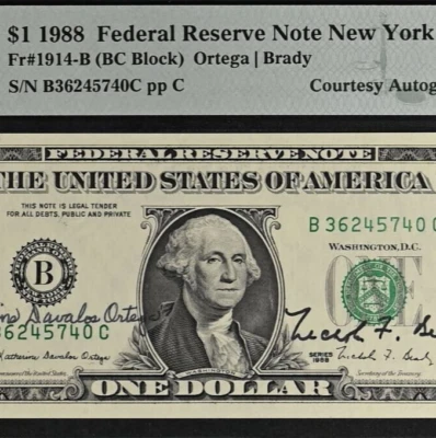 1988 $1 Federal Reserve Note - PMG 63EPQ - Dual Autograph - Ortega / Brady - Image 1 of 3