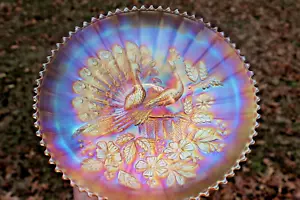 ANTIQUE NORTHWOOD PEACOCKS ON THE FENCE CARNIVAL GLASS PLATE/IC BOWL - MARIGOLD - Picture 1 of 8
