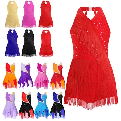 UK Girl's Samba Rumba Bodysuit Latin Tassel Dance Dress Shiny Fringe Leotard - Image 1 of 2