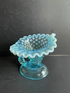 Vintage  FENTON Blue Opalescent Hobnail Glass Horn Shape Vase 5.5” T - Picture 1 of 5