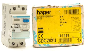 HAGER CDC263U 63 AMP 63A 30mA DOUBLE POLE RCD TYPE AC 161498 RCCB BNIB VAT INC - Picture 1 of 9