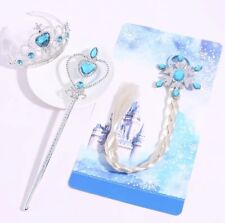 Frozen Elsa Faux Hair Braid / Head Band Elastic + Crown + Magic Stick Set (Blue)