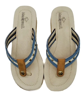 Sandalias de cuña alpargata de cuero beige y azul Margaritaville KAIA~Mujer 7~ Foto 1 de 4