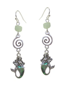 Sealife Theme MERMAID Abalone Mermaid Drop Dangle Charm Pierced Wire Earrings - Picture 1 of 1