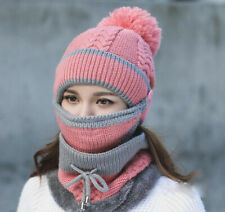 3Pcs Women Bobble Scarf Mask Set Winter Warm Snow Beanie Hat Pom Knitted Ski Cap