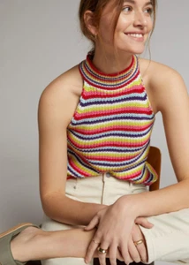 Anthropologie John + Jenn Rainbow Striped Percy Sweater Tank Red Motif Small NWT - Picture 1 of 10