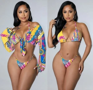 Womens Summer Fashion Long Sleeve Crop Top And Two Piece Set Swimwear Bikini - Picture 1 of 8