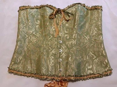 Brocade Overbust Lace-up Corset Ruffle Trim 3X Green Gold Costume Cosplay - Image 1 of 4