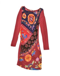 DESIGUAL Womens Graphic Long Sleeve Sheath Dress UK 8 Small Red Viscose YL05 - Picture 1 of 3