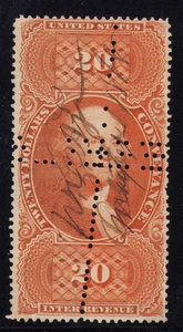 1871 US Revenue R98c $20 Conveyance in Orange - Used, Pen Cancel, Freak Perfs - Picture 1 of 3