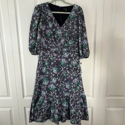 NEW Maggy London Size 8 Women’s Navy & Lavender Floral Dress 3/4 Sleeve Zip Up - Image 1 of 4