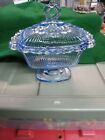 VTG Indiana Glass Old Colony Open Lace Blue Pedestal w/ Lid Candy Dish.