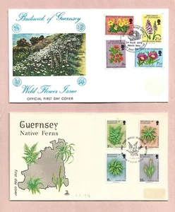 GUERNSEY - WILD FLOWERS 1972 & NATIVE FERNS 1975 - 2 ILLUSRATED FDCs - Picture 1 of 1
