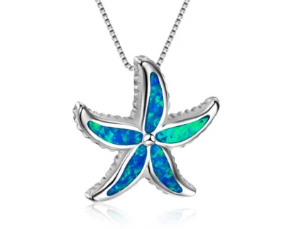 E08 Seestern Krafttier Schamane Opal blau versilbert Anhänger und Kette - Bild 1 von 4