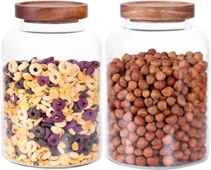Thicken Glass Food Cereal Storage Jar Container 2Pcs Airtight Wooden Lid BpaFree - Picture 1 of 7