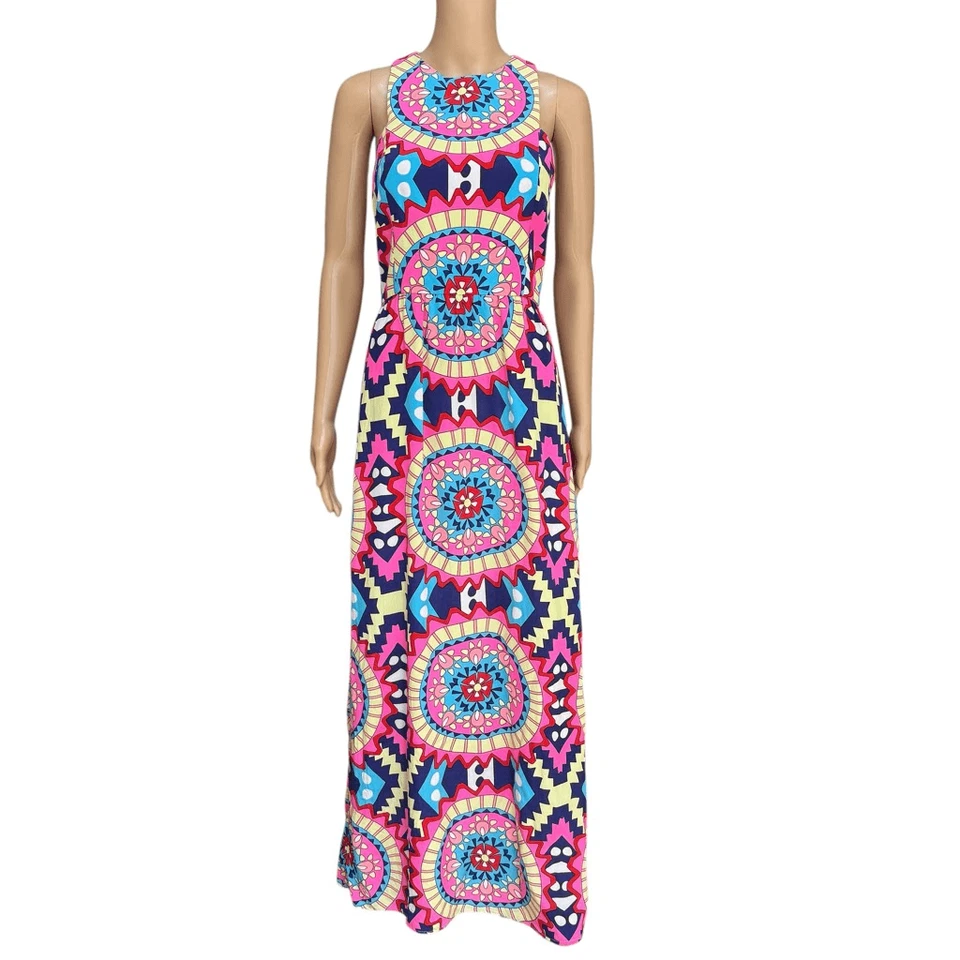 Vestido maxi Annie Griffin geométrico neon 100% seda sem mangas corrida costas tamanho 4 - Imagem 1 de 4