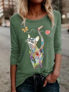 Fashion Women Cat Print Crew Neck Green T-Shirt Casual Long Sleeve Clothing New - Picture 1 of 4