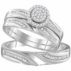 Sterling Silver His Hers Round Diamond Cluster Matching Bridal Wedding Ring Set - Picture 1 of 1