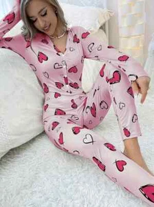 Damen Valentinstag Schlafanzug Langarm PJ Set Rosa Herz Print Größe 12/14 - Bild 1 von 5