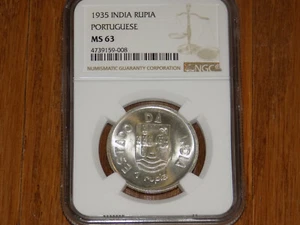 1935 Rupia NGC MS63 India - Portugese Portugal Colony UNC Graded Certified COIN - Picture 1 of 4