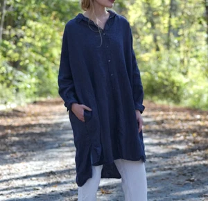 Artemesia Womens Blue Knit Linen Long Sleeve Simone Shirt Dress Sz L - Foto 1 di 8