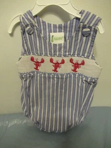 P56 Unisex Hand Smocked Blue white Stripe Snap crotch outfit 9 Month Zuccini - Picture 1 of 4