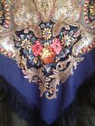 Women's girls Russian wool blue stole traditional floral navy shawl with tassels