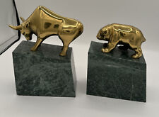 Vintage Solid Brass Bull & Bear On Marble Bookends