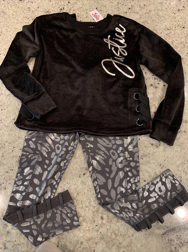 Girls Size 8 Justice Logo Velour Lace up Side Sweatshirt/ Pants Outfit Set