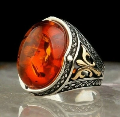 Anel masculino oval de prata esterlina 925 pedra âmbar do Báltico - Imagem 1 de 4