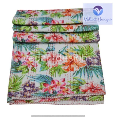 Indian Handmade Floral Kantha Quilt Reversible Bedspread Single Cotton Coverlet - Image 1 of 4