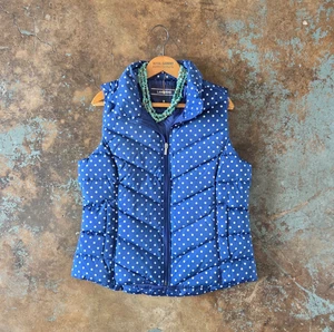 Lands' End Puffer Vest Size M Polka Dot Navy Blue White Quilted Down Filled - Picture 1 of 9