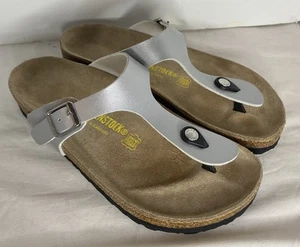 Birkenstock Women's 39/US 8 Gizeh Flip-Flops Thong Sandals Silver Leather Nice! - Picture 1 of 7