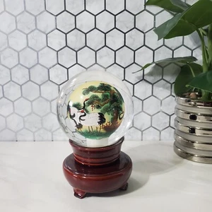 Vintage Reverse Hand Painted Cranes Revolving Sphere Ball Paperweight on Stand - Picture 1 of 12