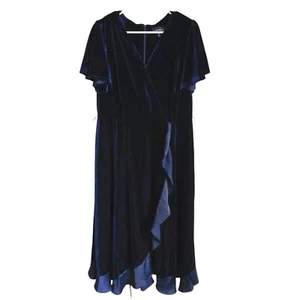 Lane Bryant Navy Blue Velour Midi Dress Faux Wrap Ruffle Detail Size 14/16 - Picture 1 of 8