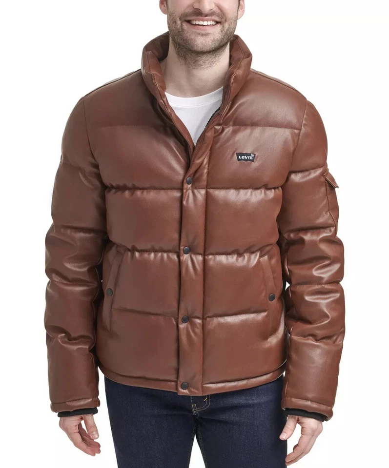 Levi's Bubble Puffer Coat Jacket Faux Leather ‘Saddle Brown’ Large LM1RU088