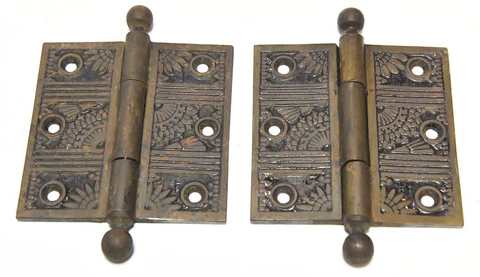 VINTAGE EASTLAKE STYLE BRASS FINISH HINGES CANNONBALL TOP PINS 3 1/2 X 3 1/2  R2 Cover