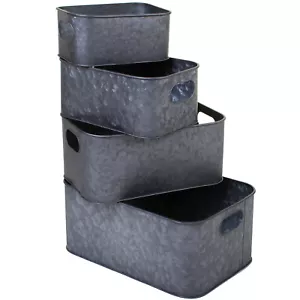 Galvanised Metal Storage Tray Carry Handles Home Office Kitchen Organiser Basket - Picture 1 of 18