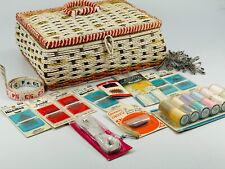 Vintage Japan Sewing Box Basket Lined w/ Accessories Lot Measure Rule Needles