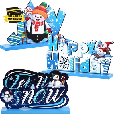 3 decoraciones de mesa de Navidad signo de alegría muñeco de nieve déjalo nieve azul mesa de Navidad  Foto 1 de 4