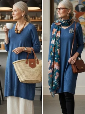 Vestido Jill Pure Jill para mujer grande azul índigo cuello en V túnica manga larga Foto 1 de 4