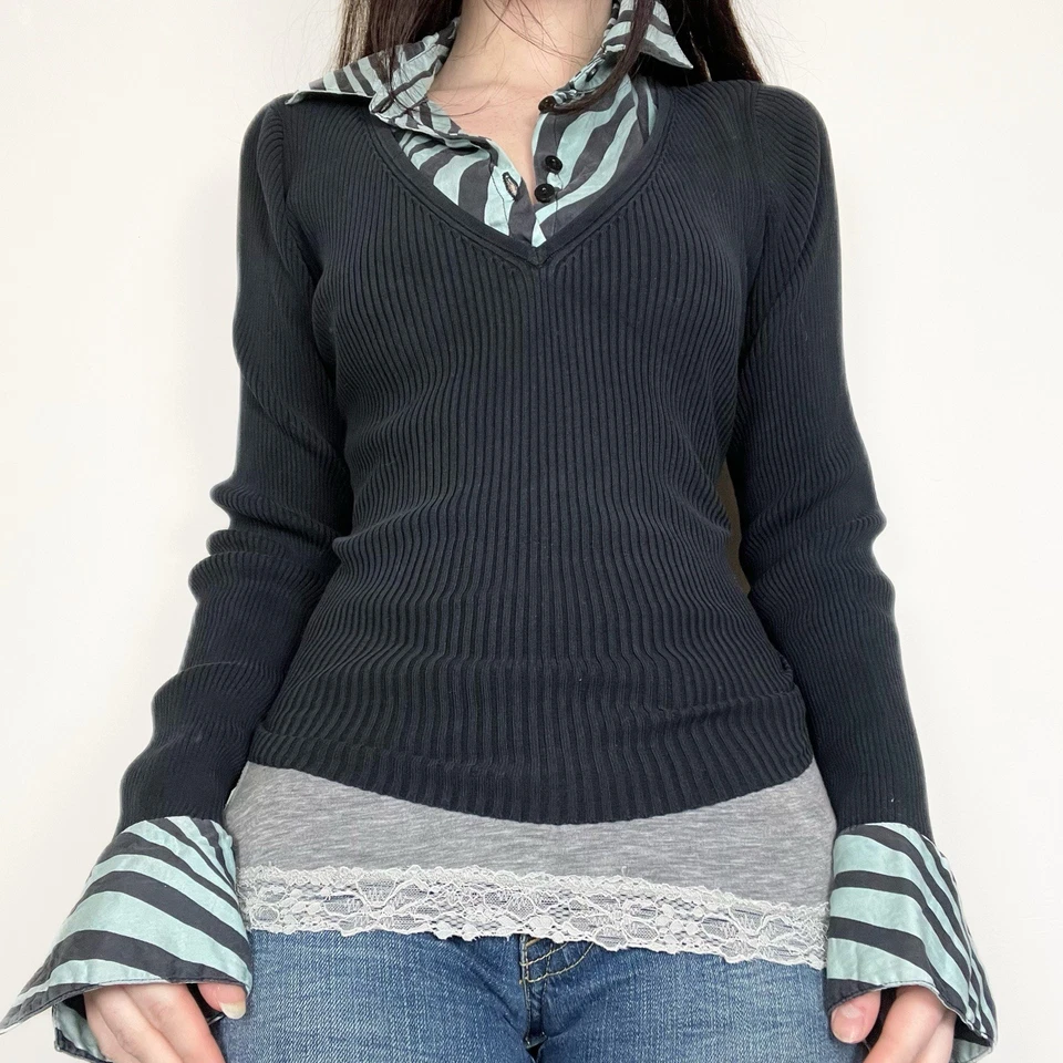 Suéter Henley de Manga Larga a Rayas Años 2000 Y2K Top Gótico Grunge Talla Mediana Foto 1 de 4