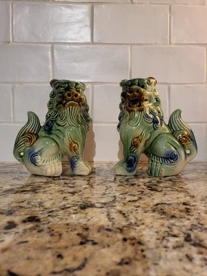 2 Vintage Chinese Porcelain Foo Dog Statue Figurines Green and Blue Glaze 5 1/2" - Image 1 of 4