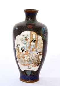 Vase geisha et samouraï japonais émaillé cloisonné années 1900 peint à la main - Photo 1 sur 10