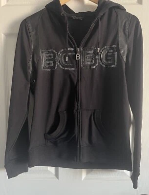 BCBG MAXAZRIA Hoodie Full Zip Jacket M Black Silver Faux Leather Trim PVC Stretc - Image 1 of 4
