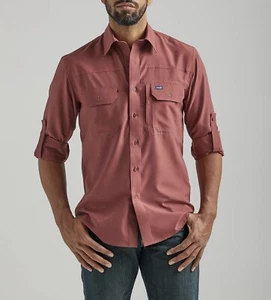 Wangler Men Performance Button Long Sleeve Solid Shirt Red Size Medium - Picture 1 of 13