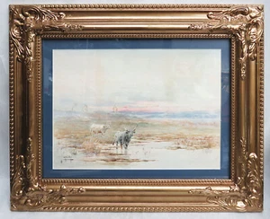 LEOPOLDO MARIOTTI 1848 - 1916 LONGHORN CATTLE WATERCOLOR PAINTING - Picture 1 of 7