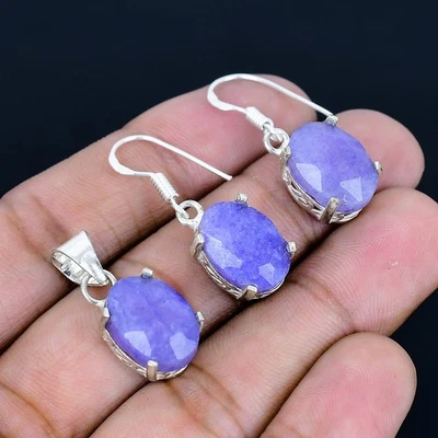 Conjunto de pingente e brincos feitos à mão folheados a prata 925 de safira birmanesa 0,99" - Imagem 1 de 3