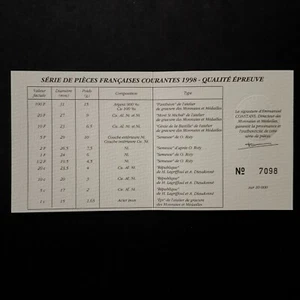 CERTIFICAT D'AUTHENTICITE COFFRET BE BELLE EPREUVE SERIE FRANCS 1998 / FRANCE Ré - Picture 1 of 2